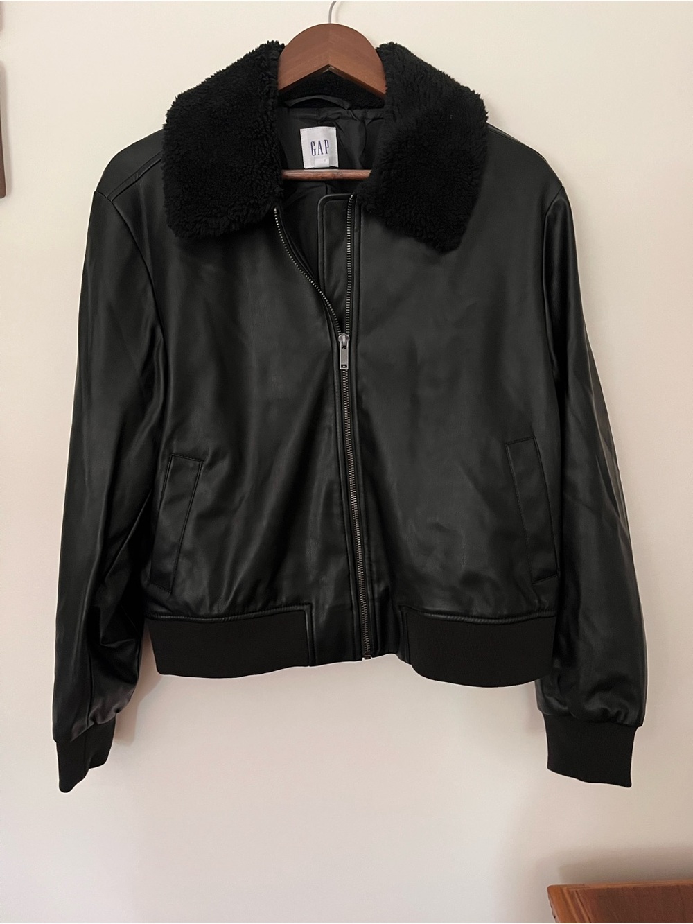 GAP Black Faux Leather Bomber Jacket with Sherpa Collar